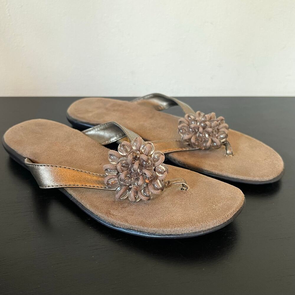 Aerosoles Brown Metallic Bronze Clear Bead Pom Flip Flop Thong Sandals 6